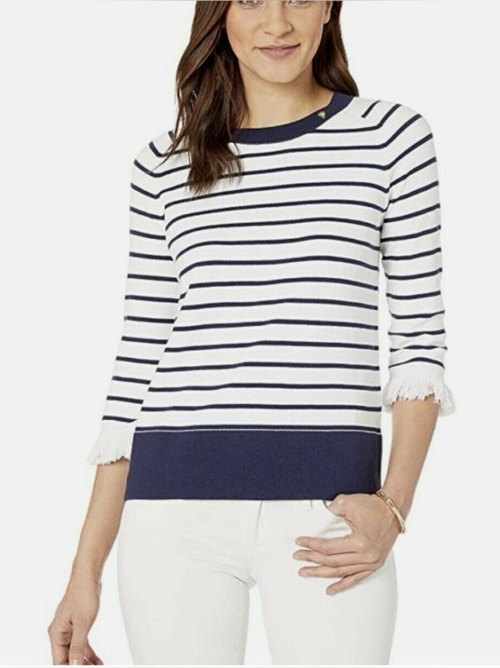 Lilly Pulitzer - Dasha True Navy White Stripe Fringe Sleeve Sweater Size Medium